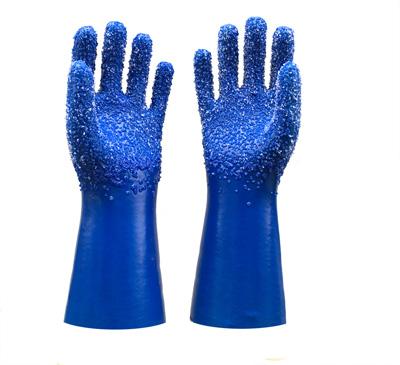 Blue PVC white particle coated gloves